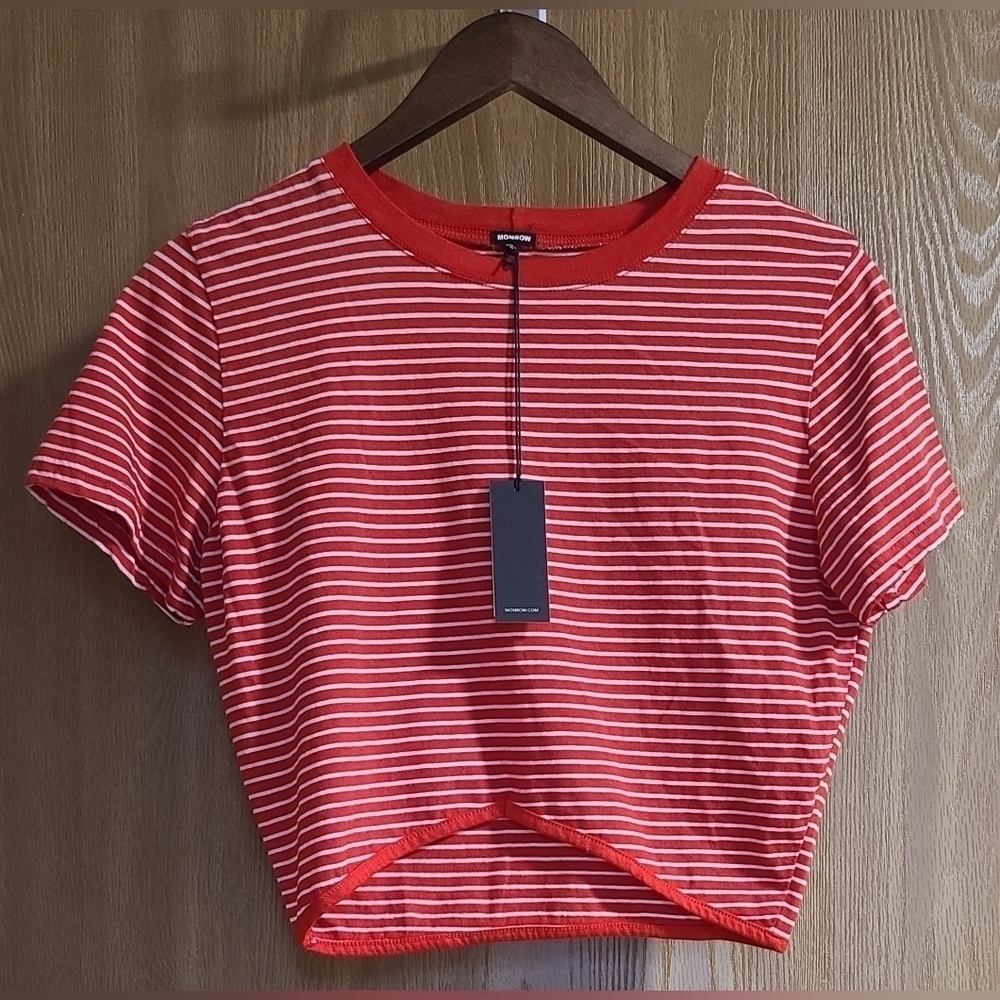 Monrow Red and White Striped Crop Tee